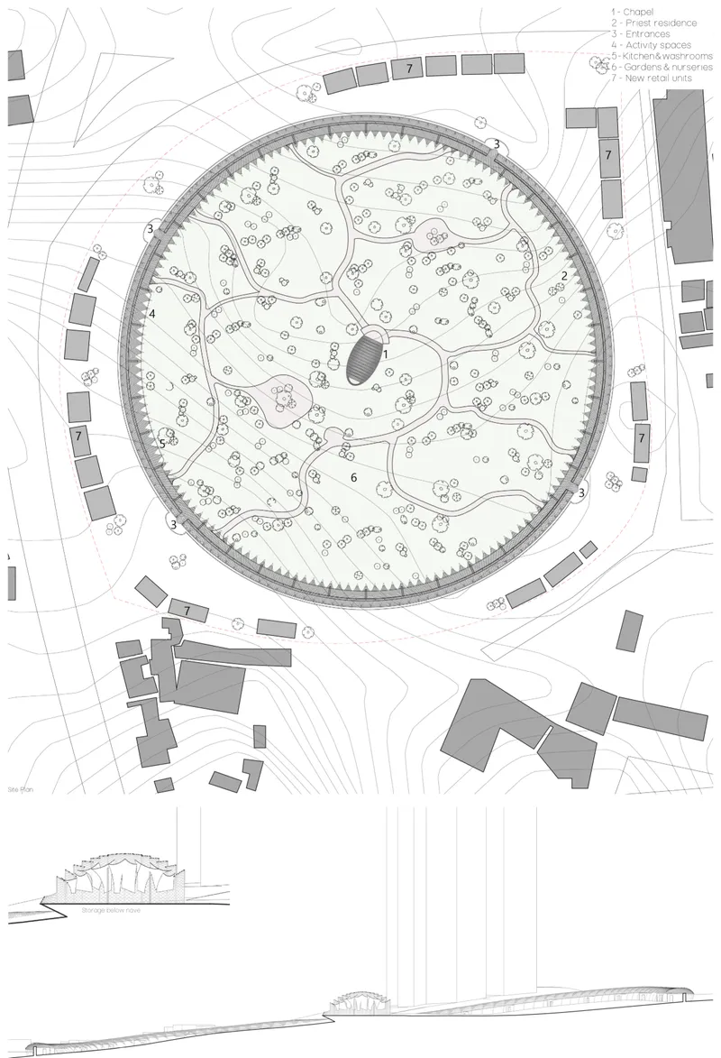 Circular masterplan integrating a bamboo chapel, community spaces, and restored forest gardens within a protective ecological enclosure.