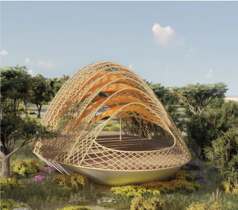 A sculptural bamboo chapel rises from the landscape, creating a serene space for reflection, gathering, and connection with nature.