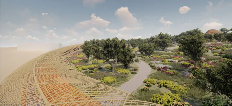 Restored forest gardens enclosed by a woven bamboo canopy create a peaceful sanctuary where ecology, community, and spirituality converge.