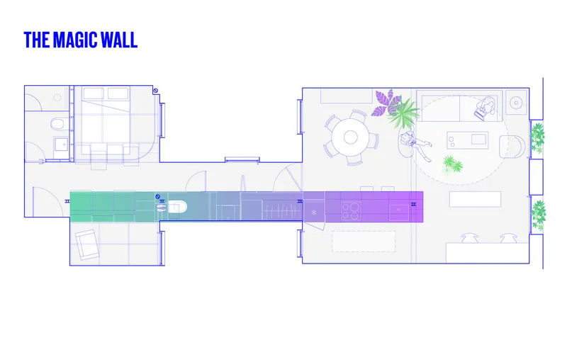 Floor plan drawing with color-coded zones showing kitchen, bathroom, and living spaces with furniture