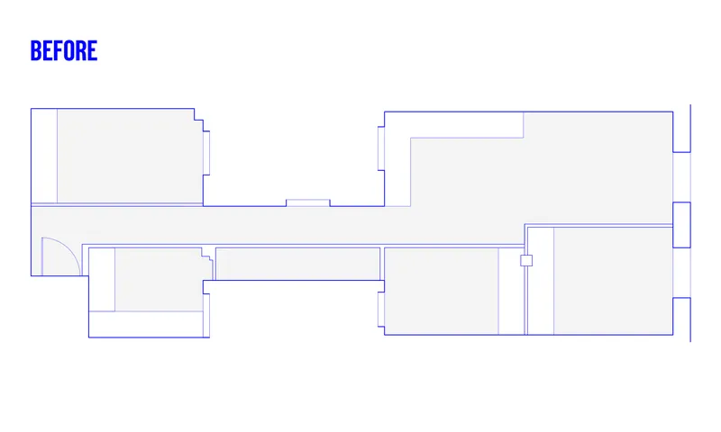 Floor plan drawing of the existing layout before renovation with empty room divisions