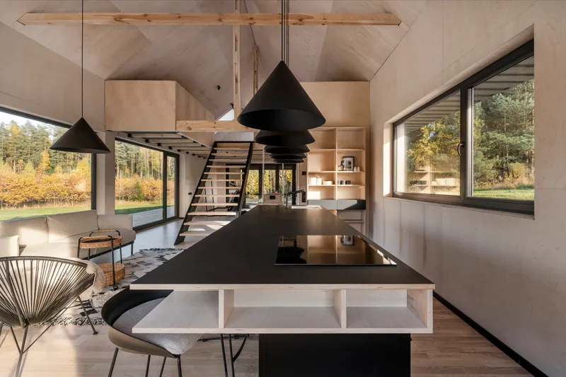 Open kitchen with black island beneath conical pendant lights and plywood vaulted ceiling