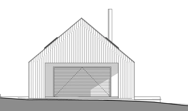 Elevation drawing showing a gabled volume with vertical siding and a recessed opening with horizontal louvers
