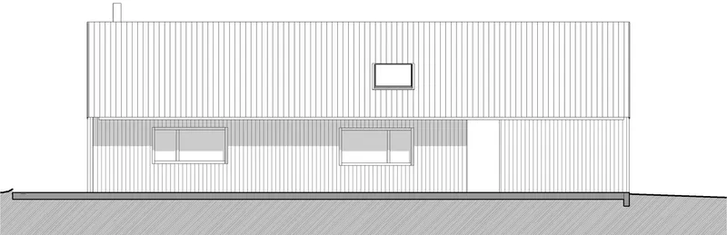 Elevation drawing showing the opposite facade with vertical siding and two horizontal window bands beneath a skylight