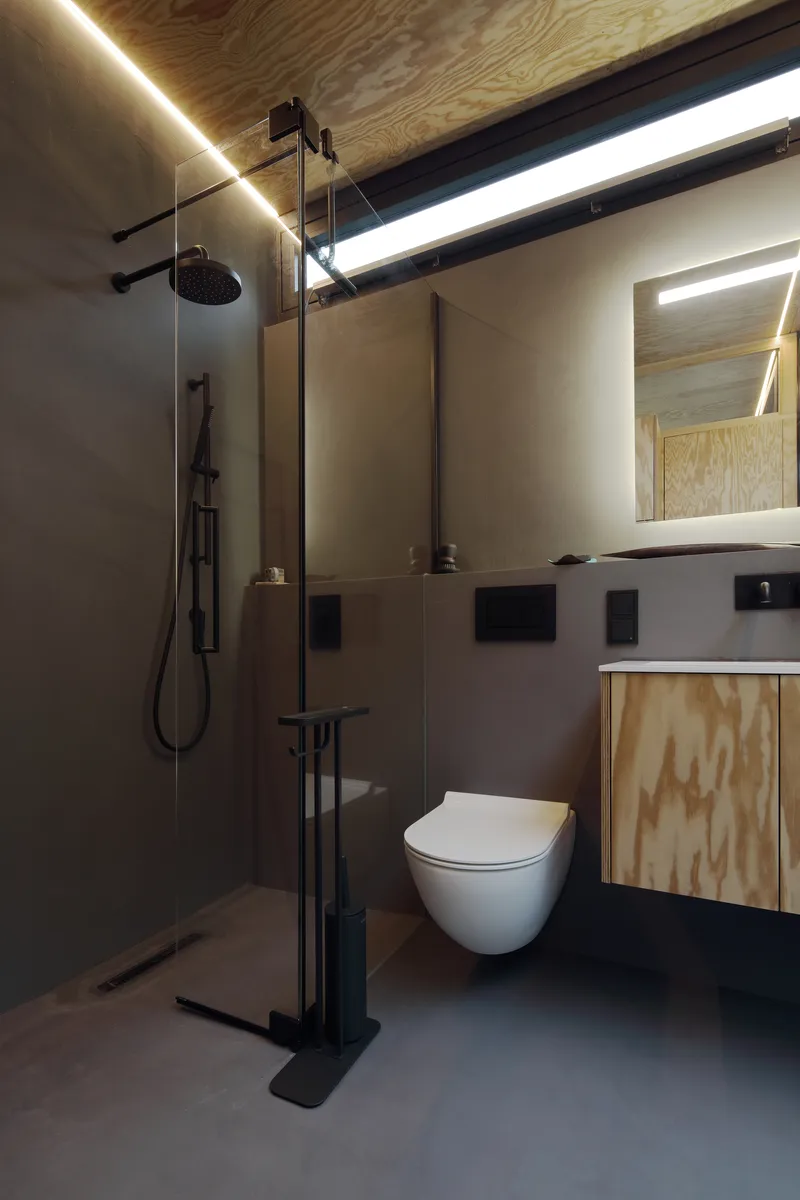 Bathroom interior with wall-mounted toilet, plywood cabinetry and linear lighting in the ceiling