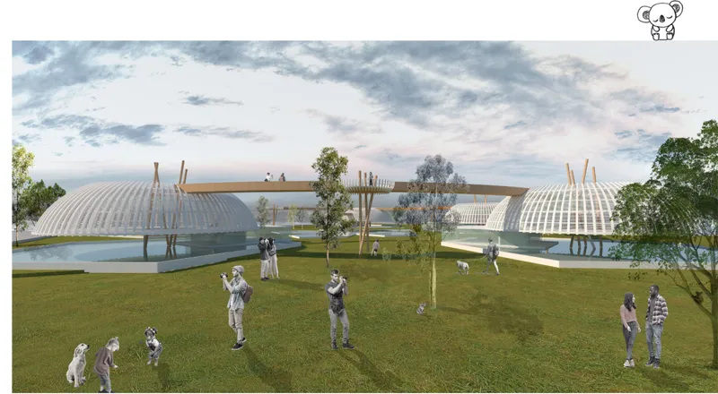 Circular pathways and elevated observation decks create a peaceful environment for interaction, learning, and rehabilitation.