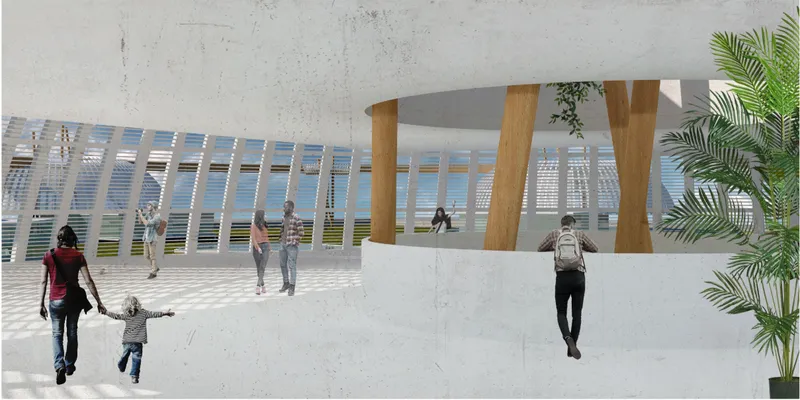 Interior spaces filled with light, openness, and natural ventilation encourage connection between visitors and the surrounding habitat.
