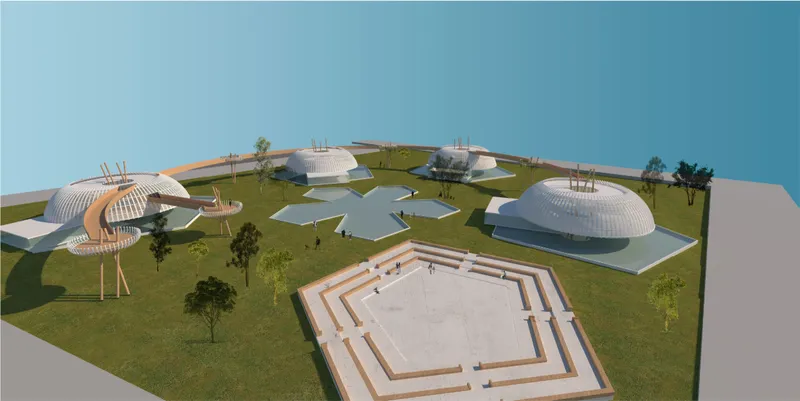 Aerial view of the koala rehabilitation masterplan featuring elevated domes, reflective water courts, and interconnected ecological landscapes.