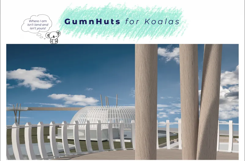 Suspended walkways connect the GumnHuts, allowing visitors to experience nature without disturbing the terrain below.