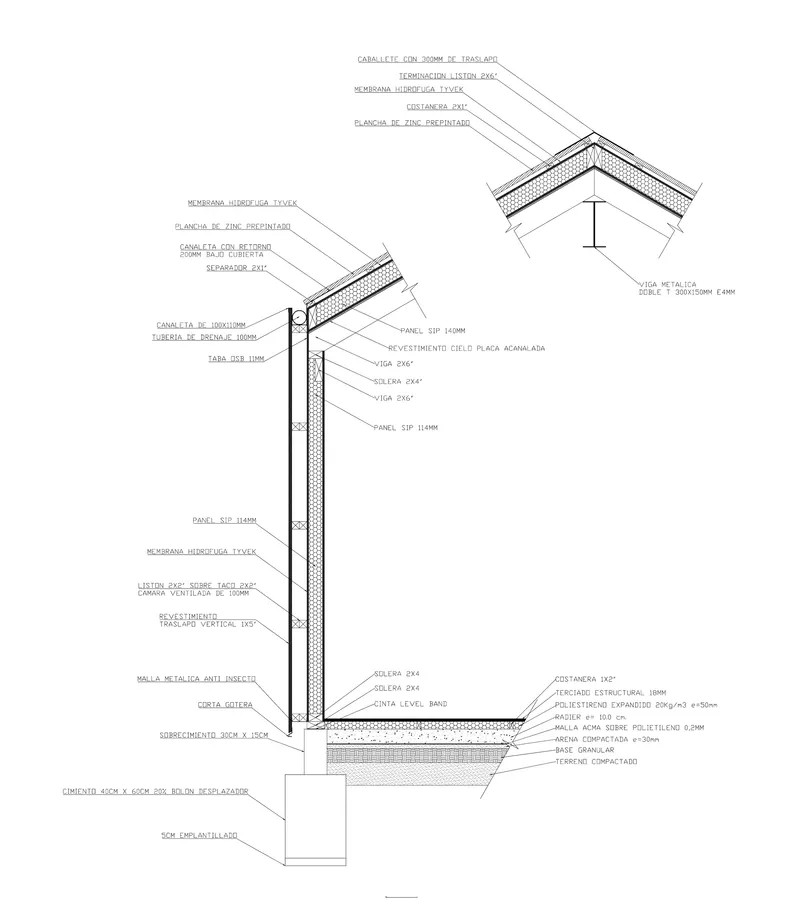 Section detail drawing showing wall and roof assembly with insulation layers, waterproofing membrane and foundation connection