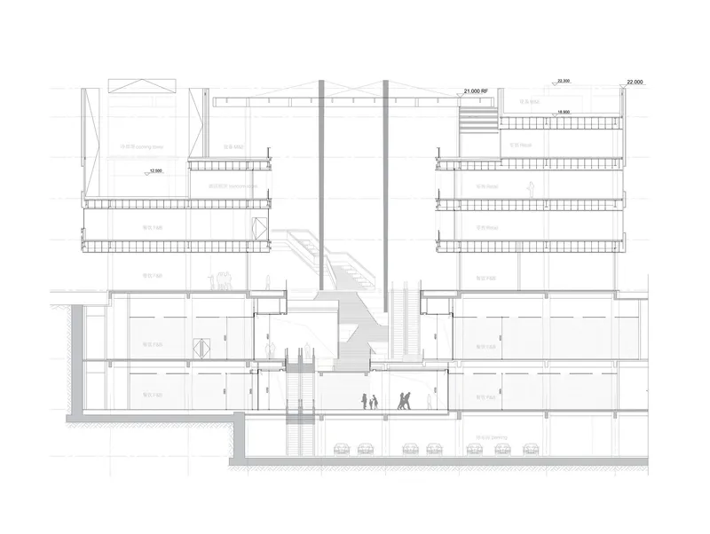 Section drawing showing stacked floor plates with central atrium and figures at ground level