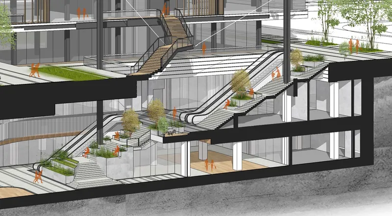 Section drawing showing cascading levels with planted terraces and zigzagging stairs connecting interior spaces