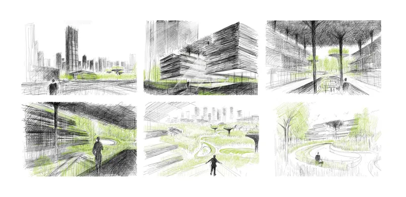 Sketch series showing perspectives of the landscaped plaza with figures and green planting strips