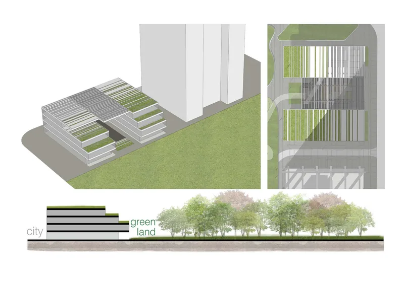 Axonometric and elevation drawings illustrating the terraced roof planes with integrated green roofs and tree rows
