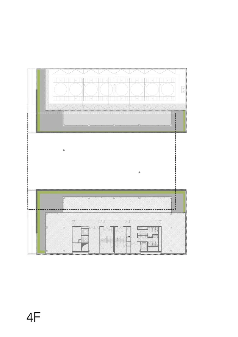 Floor plan depicting upper level with rooftop terrace featuring circular elements and enclosed core spaces below