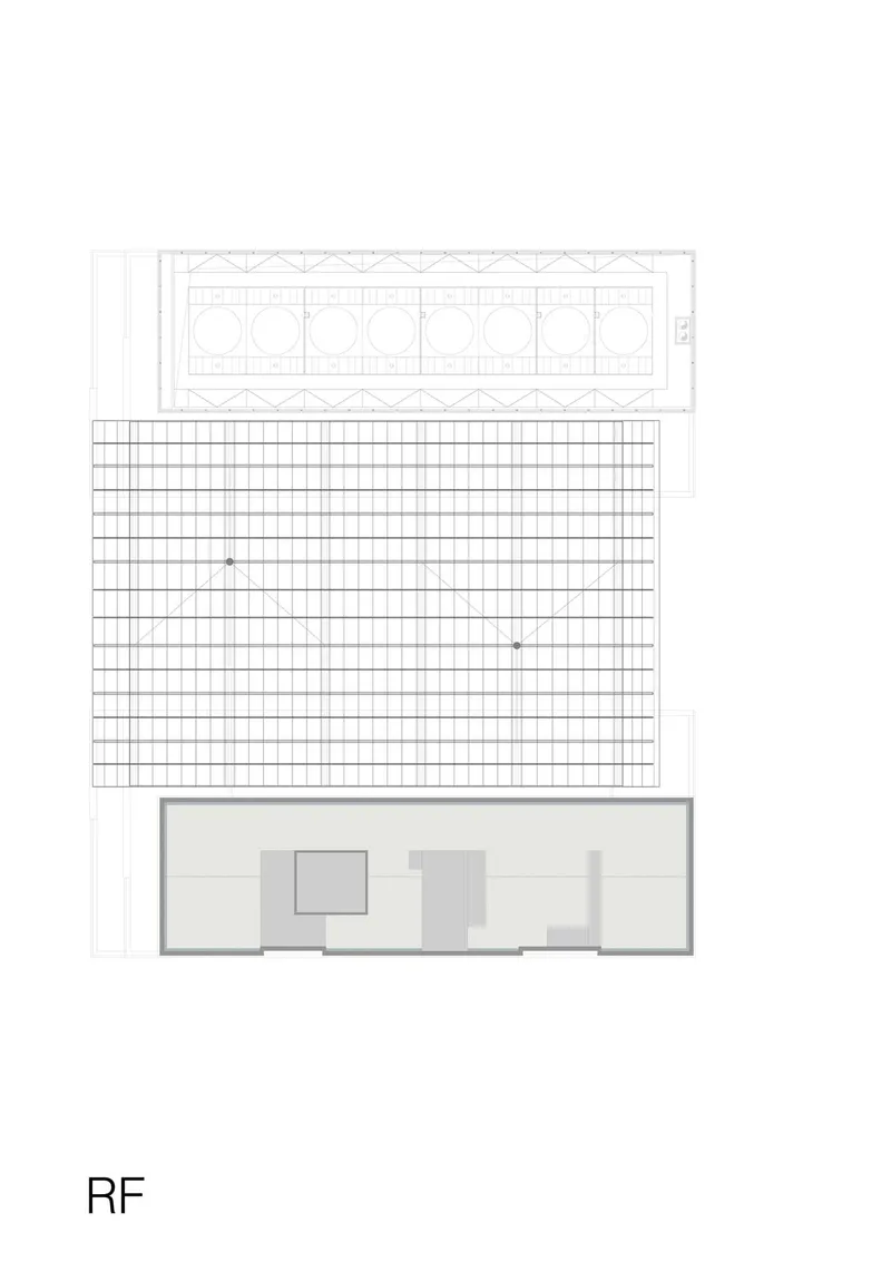 Roof plan showing grid of circular mechanical units and ventilation strip along one edge