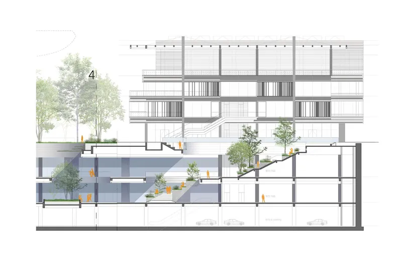 Section drawing revealing terraced levels with planted trees and figures inhabiting the staggered interior spaces