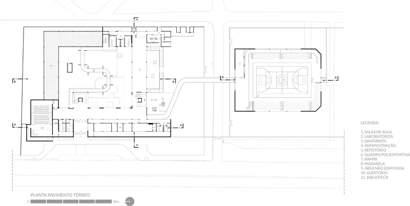 Ground floor plan drawing showing classroom layouts adjacent to an outdoor sports court