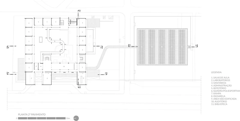 Upper floor plan drawing with multiple rooms along a corridor and bleacher seating indicated