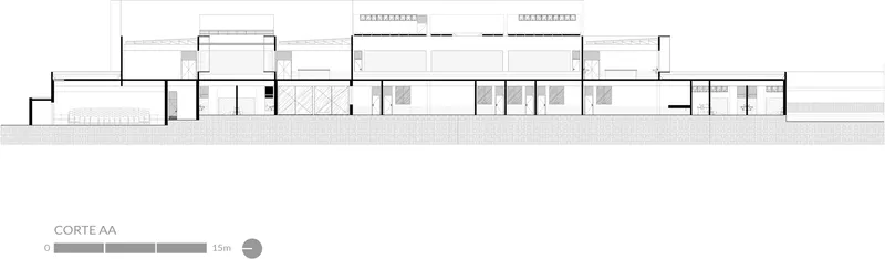 Section drawing AA showing interior spaces with varying ceiling heights and clerestory windows above