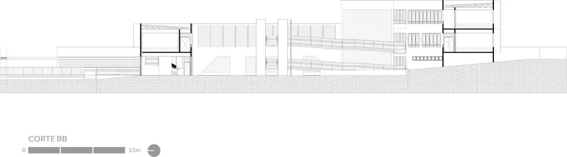 Section drawing BB revealing tiered seating or bleachers within a double-height volume