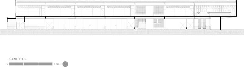 Section drawing CC cutting through a long horizontal volume with repetitive structural bays and roof trusses