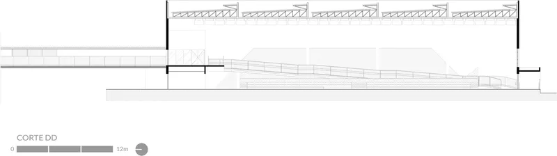 Section drawing DD showing an interior ramp ascending beneath an exposed truss roof structure