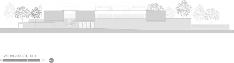 West elevation drawing with low horizontal volumes framed by sketched trees in the landscape