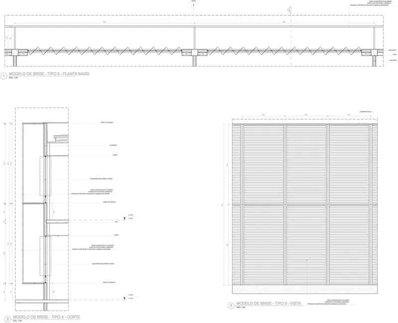 Construction section drawing showing wall assembly details and an elevation of horizontal timber slat screening