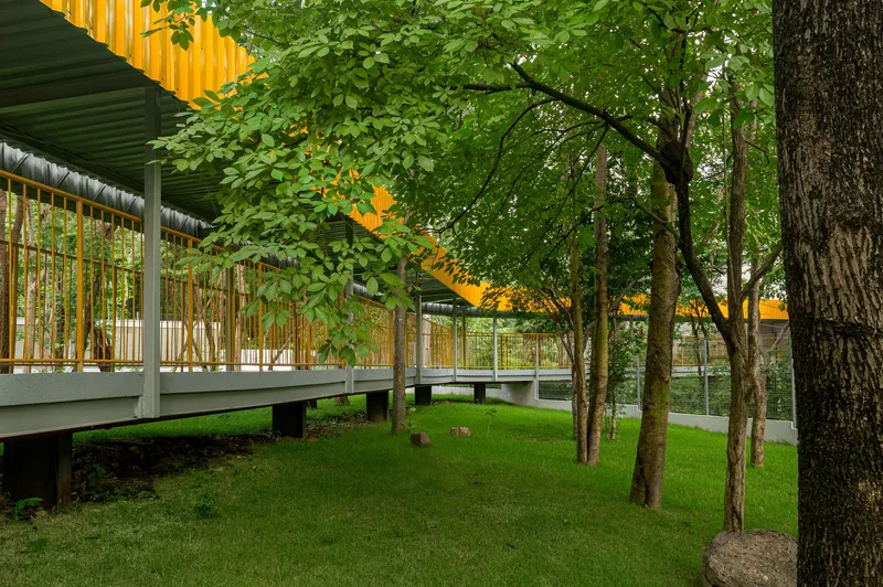 View beneath elevated walkway showing concrete columns and yellow railings among lawn and tree canopy