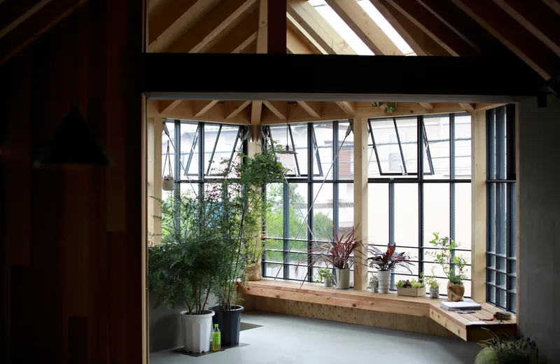 Interior greenhouse space with operable steel-framed windows, timber bench seating and potted plants on white flooring