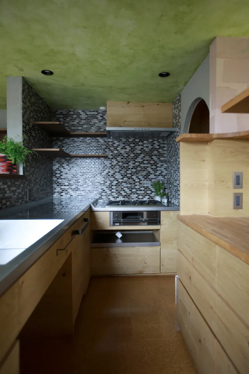 Compact kitchen with black mosaic tile backsplash and lime green ceiling above timber counters