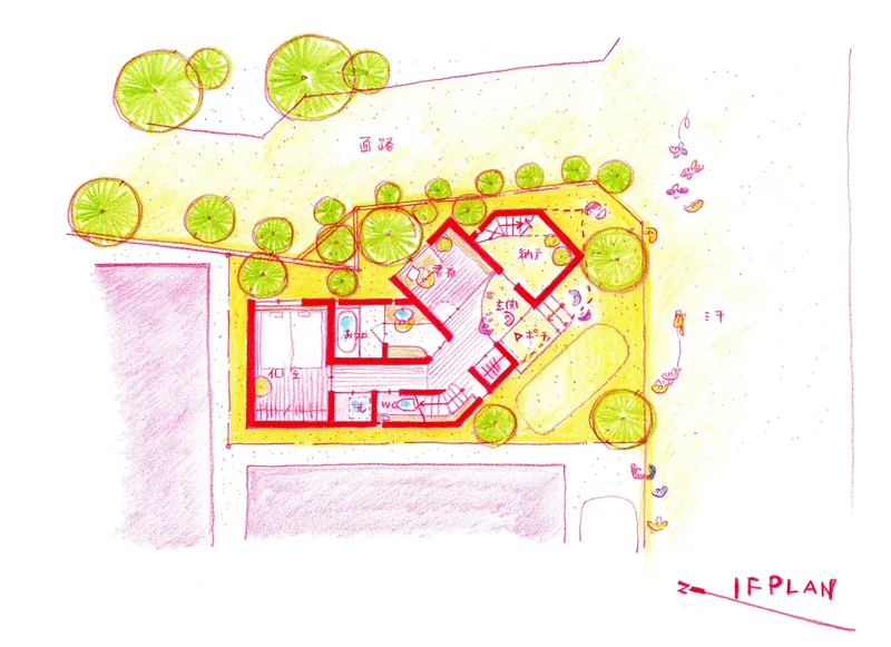 Hand-colored floor plan drawing showing angular layout with surrounding trees and landscape elements