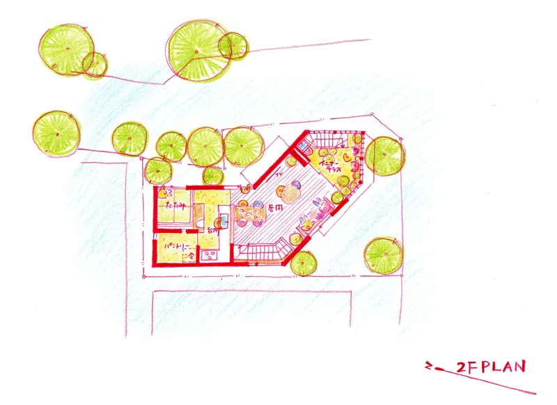 Hand-colored upper floor plan drawing showing open living space with terrace and tree canopy symbols