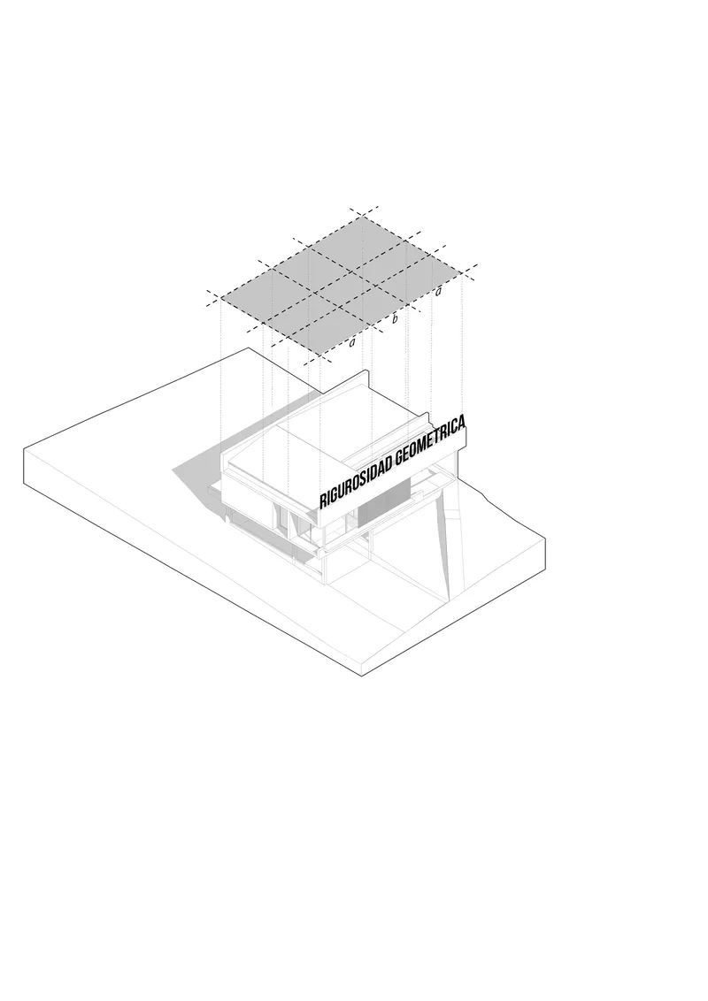 Axonometric drawing showing a courtyard building with perforated roof canopy and surrounding hardscape