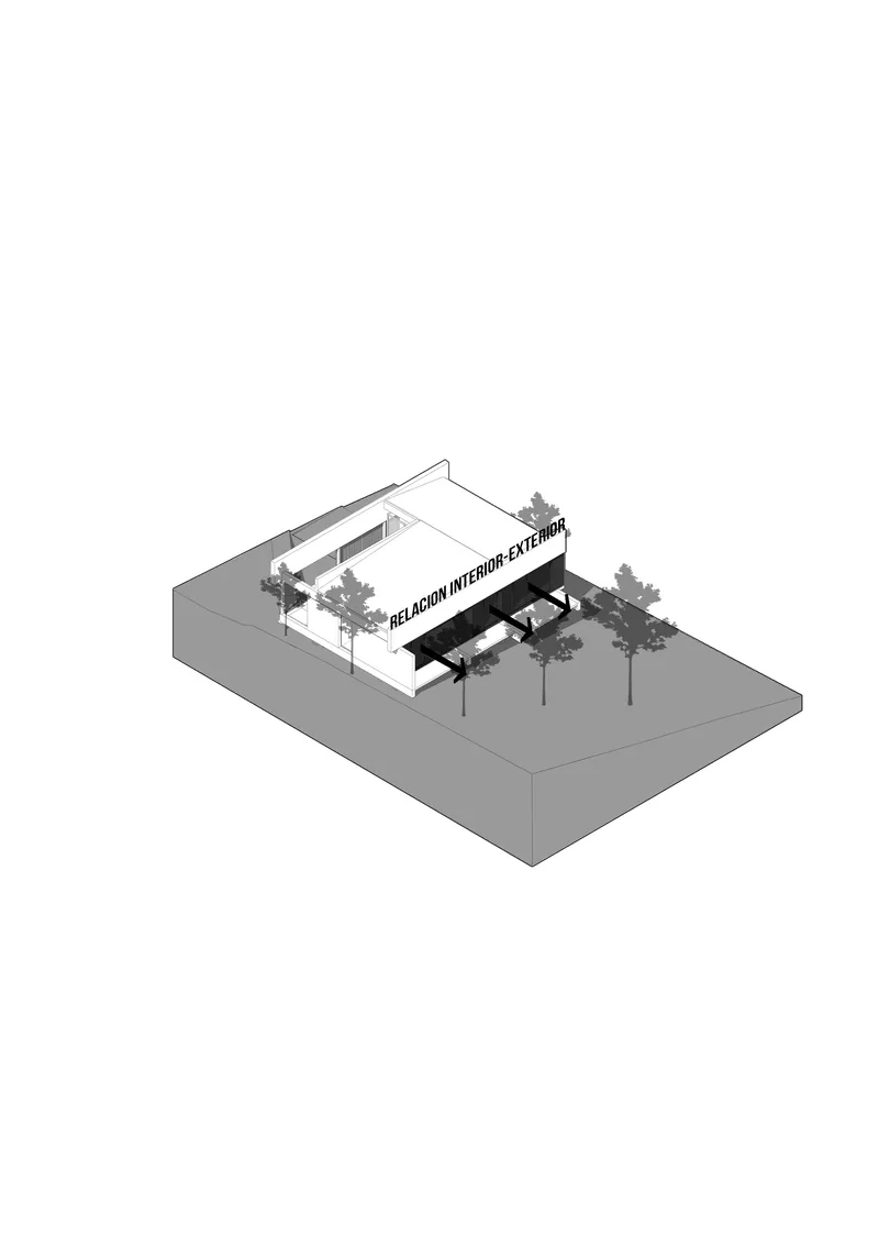 Isometric drawing depicting a linear building volume with interior courtyard and surrounding trees