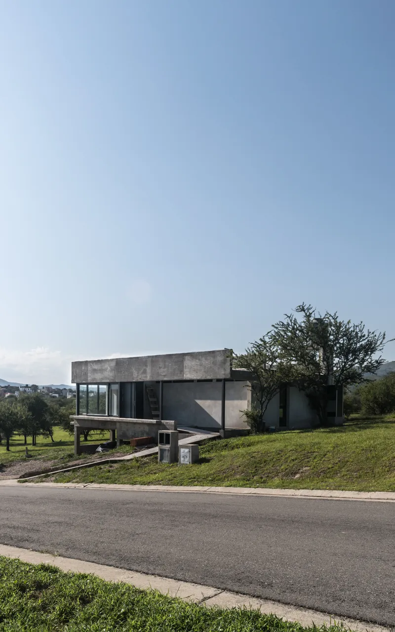 Street view of concrete house with cantilevered volume and mature tree on sloped site