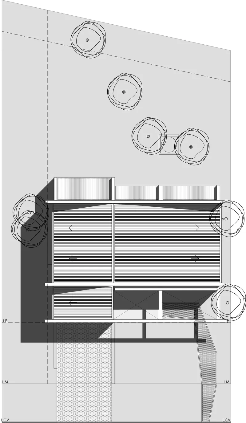Floor plan drawing showing a rectangular volume with slatted screening and circular tree canopies