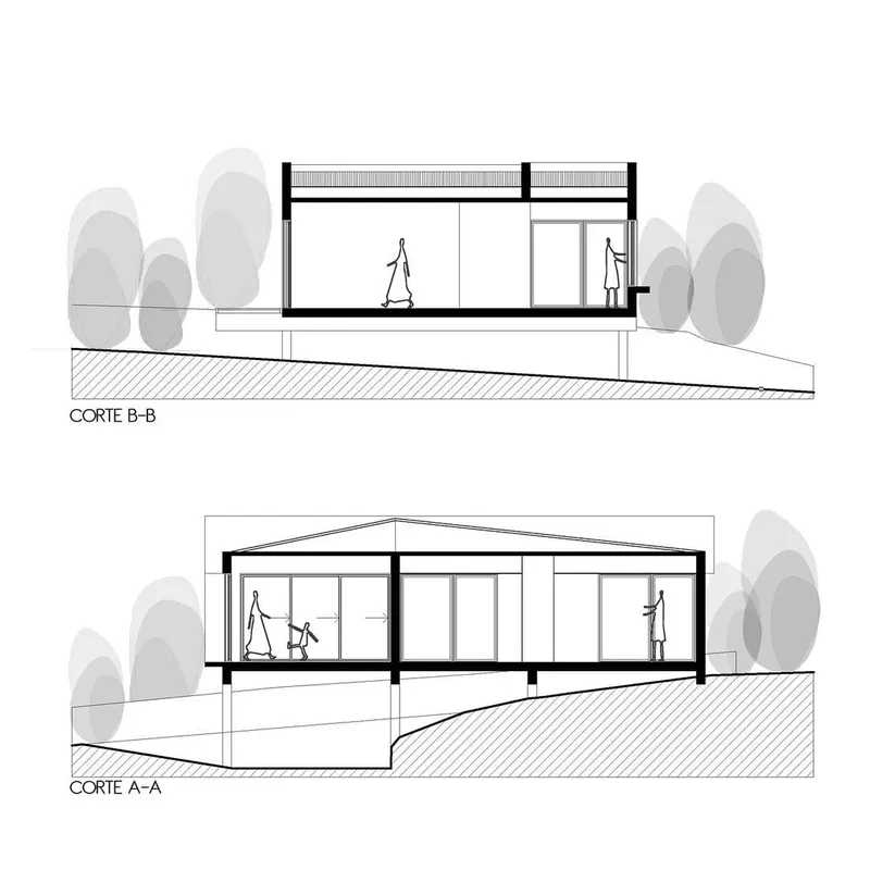 Section drawings showing a flat-roofed pavilion on sloped terrain with schematic trees and figures