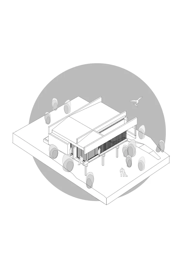 Axonometric drawing of a single-story pavilion with columns and surrounding trees and figures