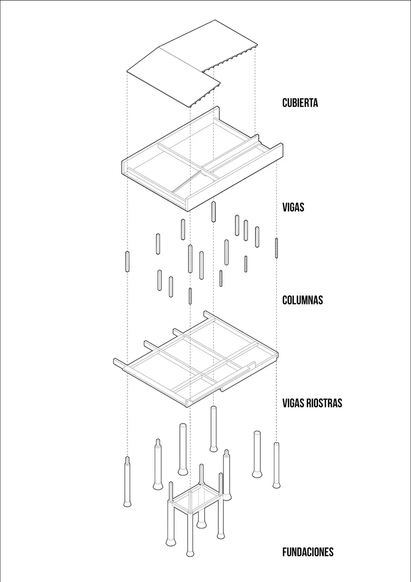 Exploded axonometric drawing showing the roof, beams, columns and foundation layers of the structure