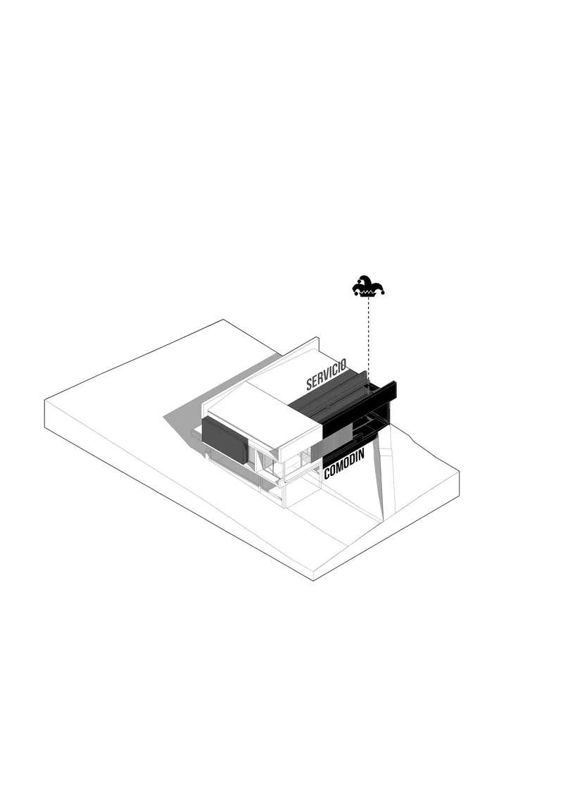 Axonometric diagram illustrating the relationship between service and circulation zones within the building volume