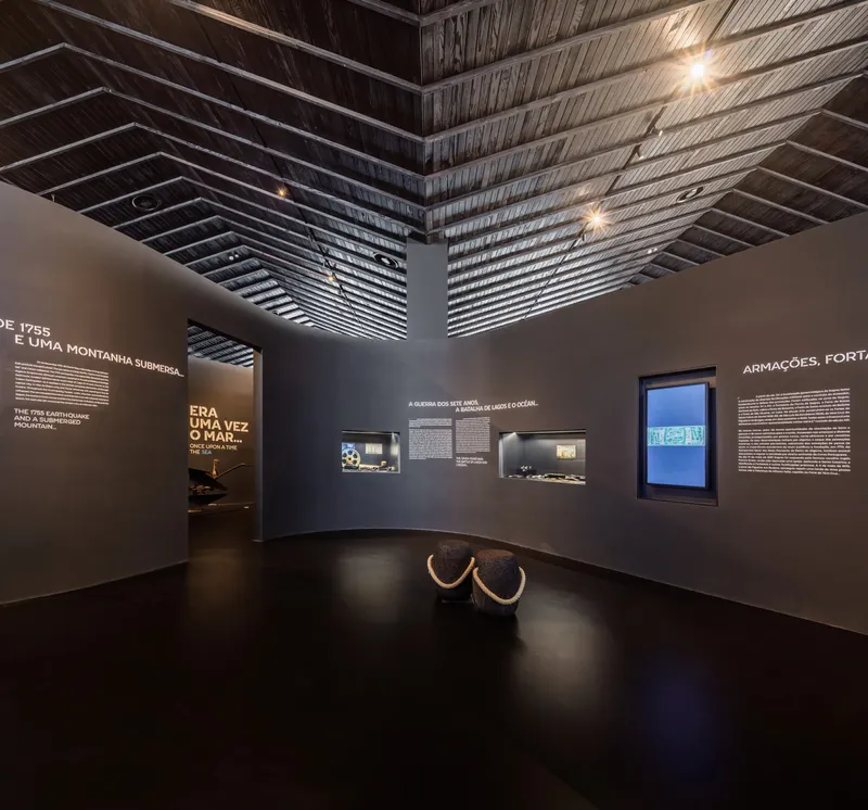 Exhibition space with stepped timber ceiling and curved partition walls displaying text panels and artifacts