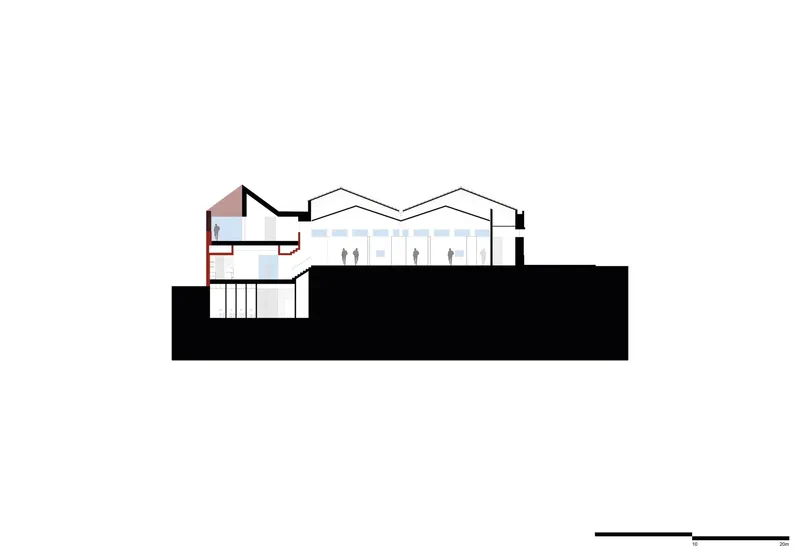 Section drawing revealing flowing roof forms above a gallery space with human figures for scale