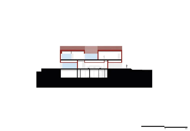 Section drawing showing stacked levels with red roof elements and a solitary figure on grade