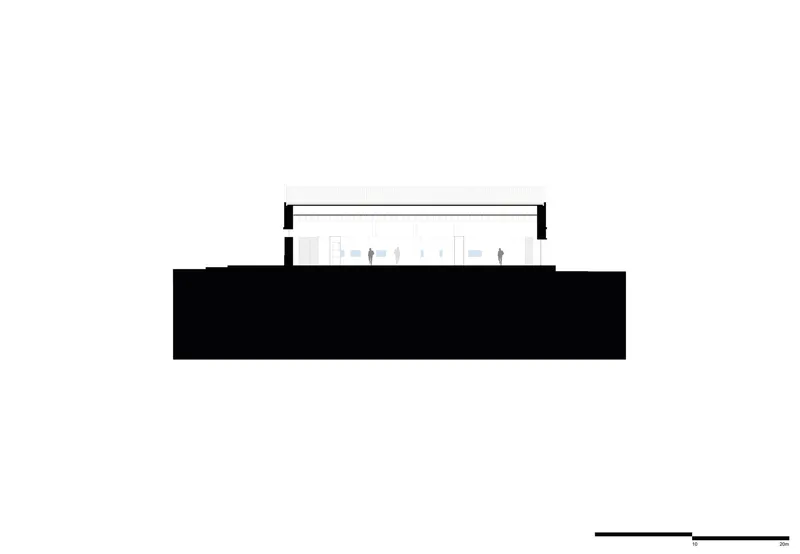 Section drawing cutting through a single-story gallery space with figures distributed across the interior