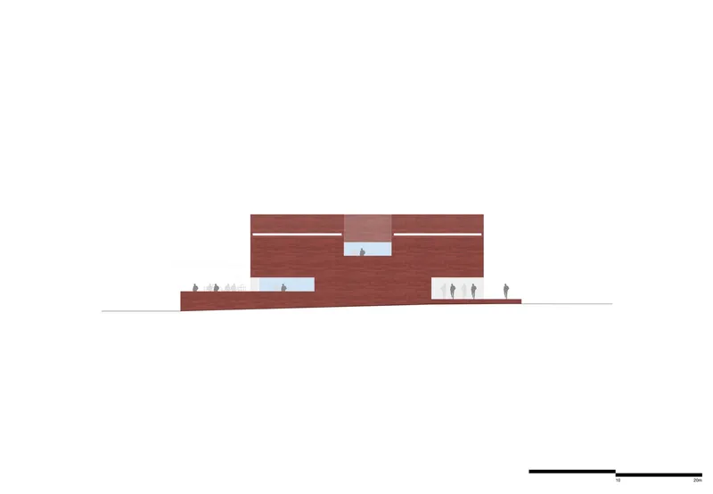 Elevation drawing of stacked red brick volumes with central glazed opening and scaled human figures