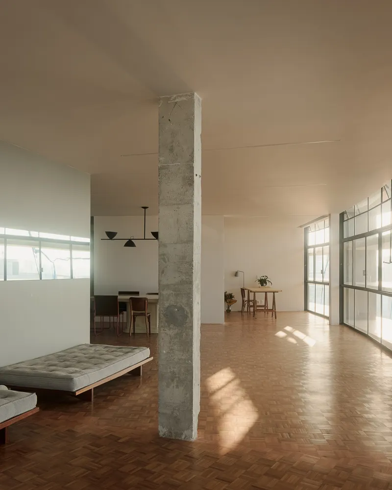 Open-plan interior with exposed concrete column dividing living and dining zones in warm afternoon light