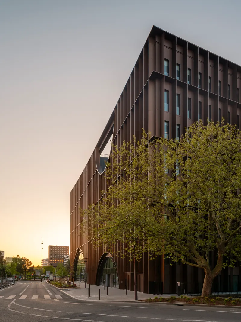 Corner facade with vertical cladding and dark recessed windows at dusk beside a mature tree