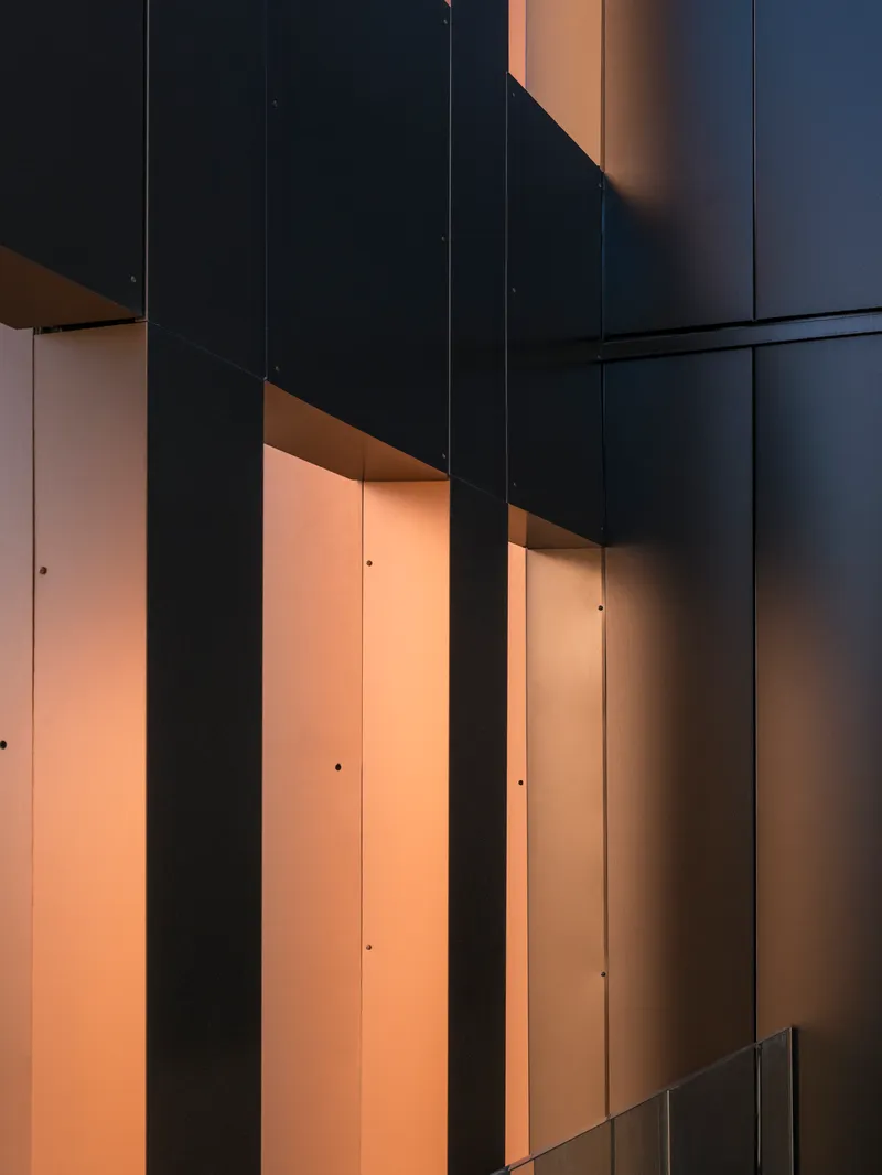Vertical panels of dark and warm-toned cladding illuminated by golden hour light